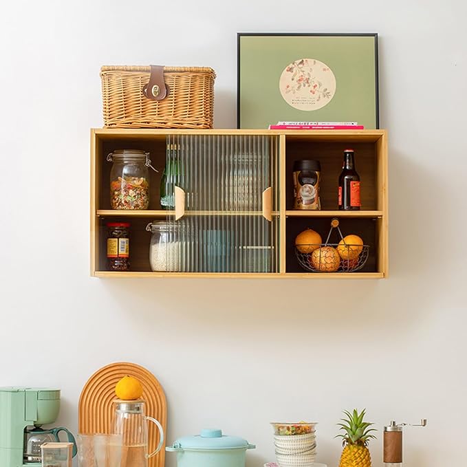 Countertop Kitchen Pantry Cabinet,Bamboo Wall Sideboard with Sliding Glass Doors,Pantry Cabinet for Kitchen, Living Room,Dinning,Bedroom,Log Color,31.5" W