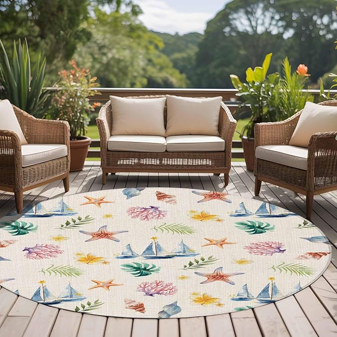 Washable Round Area Rug Summer Sea Starfish Sailboat Circle Rugs Floor Carpet for Living Room Bedroom, Marine Life Coral on Linen Soft Non Slip Round Rug 5ft