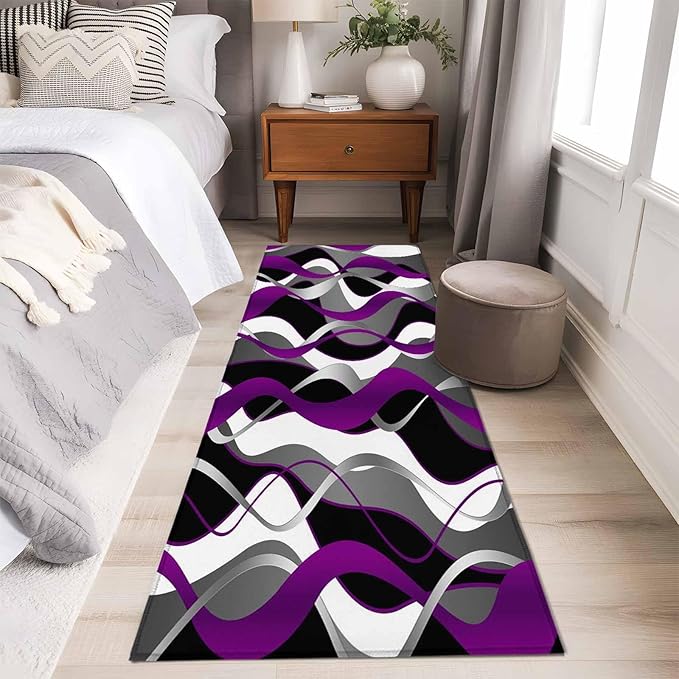 Runner Rug for Bedroom Hallway, Abstract Purple Gray Black White Stripes Kitchen Runner Rugs Area Rug 2x6ft, Modern Lines Washable Soft Floor Carpet for Entryway Stair
