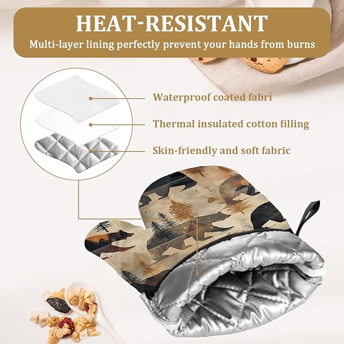 Vintage Rustic Bear Oven Mitts and Pot Holders Sets 4Pcs Forest Animal Silicone Kitchen Gloves Heat Resistant Potholders for Baking Cooking Grilling BBQ