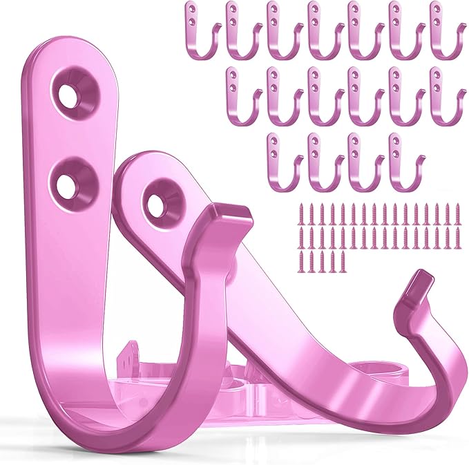 BREYDROK 20PCS Pink Heavy Duty Single Prong Metal Wall Hooks for Coats, Towels, Backpacks, Hats, Dog Leashes (20 Hooks + 40 Screws)