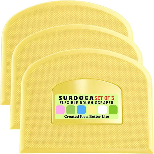 SURDOCA Dough Scraper Bench Scraper - 3P 10.6x6.7" Plastic Flexible Bowl Scraper, Sharp Edge & Angles Cake Scraper. Non-Slip Bakeware Decorating Tools Sculpting & Modeling Tools - Pure Yellow