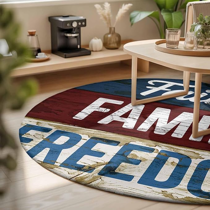 Washable Round Area Rug Independence Day USA Flag Circle Rugs Floor Carpet for Living Room Bedroom, Vintage Wooden Grain Soft Non Slip Round Rug 3ft