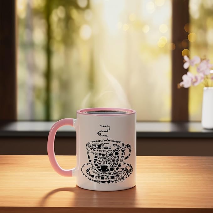 Coffee Brewed Steaming Java Picture Mosaic Cup Saucer Pot Ceramic Mug, Pink/White