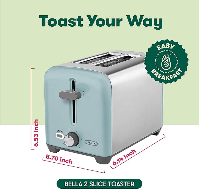 BELLA 2 Slice Toaster, Quick & Even Results Every Time, Wide Slots Fit Any Size Bread Like Bagels or Texas Toast, Drop-Down Crumb Tray for Easy Clean Up, Stainless Steel and Aqua
