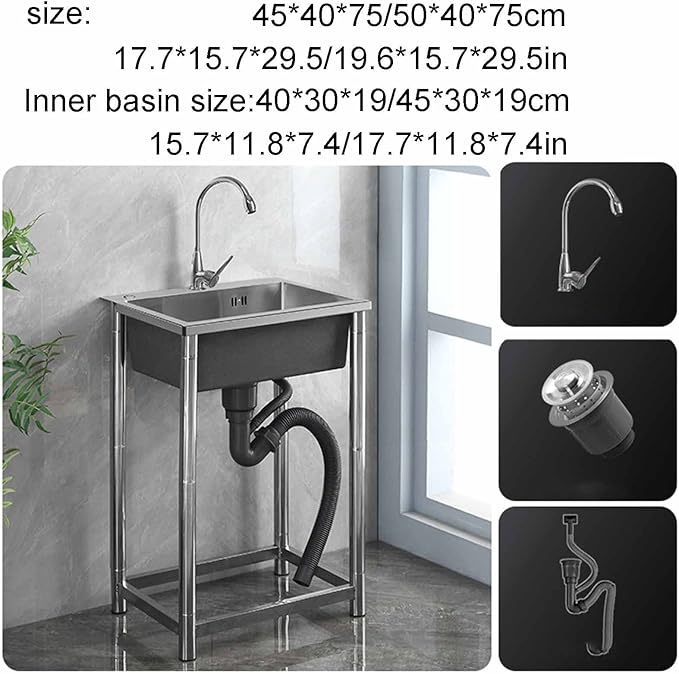 Sink Stainless Steel Kitchen SinkHand Made, 304 Stainless Steel Sink Compartment Free Standing Utility Sink for Garage, Restaurant, Laundry Room, Outdoor,with Faucet-45 * 40 * 75cm