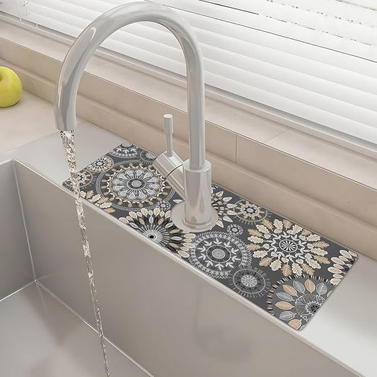 15" X 5.5" Kitchen Sink Splash Guard Faucet Mat Mandala Super Absorbent Fast Drying Faucet Guard & Draining Mat Sink Splash Guard Behind Faucet for Kitchen, Bathroom