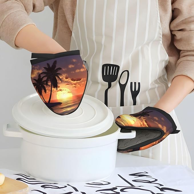 2 Pcs Mini Silicone Oven Mitts Coconut Palm Tree Heat Resistant Grill Gloves with Hanging Loop, Sea Beach Sunset Little Kitchen Mittens for Cooking Baking BBQ