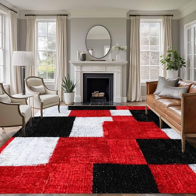 Area Rug 8x10ft, Red Black White Gradient Washable Rugs for Living Room Bedroom, Abstract Color Block Soft Non-Slip Area Rugs Rectangle Floor Carpet for Dining Room