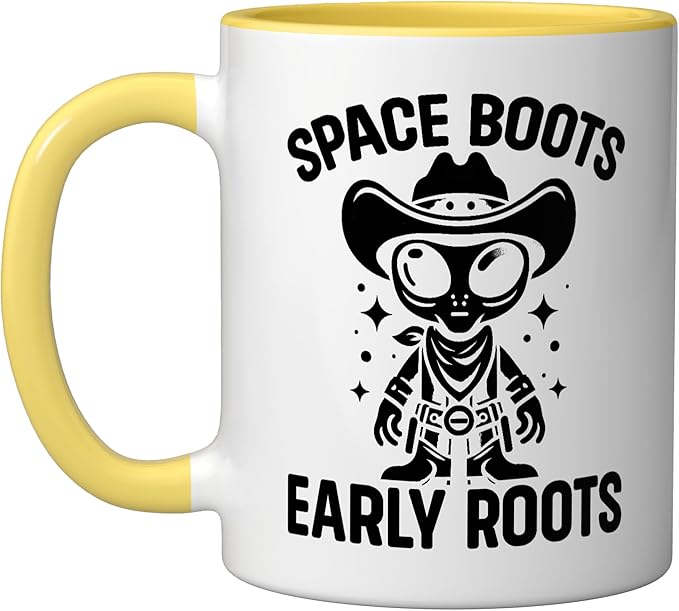 Alien Lover Flying Saucer UFO Extraterrestrial Cowboy Ceramic Mug, Yellow/White