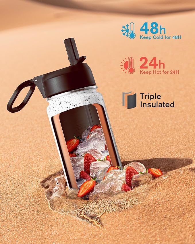 Coolflask Water Bottle 20 oz Insulated with Straw, Stainless Steel Metal 3 Lids Water Flask Wide Mouth for Sports or Office, Non-BPA Keep Cold Up to 48 Hrs or Hot Up to 24 Hrs, Arctic White