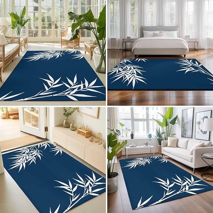 Area Rug 4x6ft, Country Leaf on Dark Blue Washable Rugs for Living Room Bedroom, Botanical Silhouette Minimalist Style Soft Non-Slip Area Rugs Rectangle Floor Carpet for Dining Room
