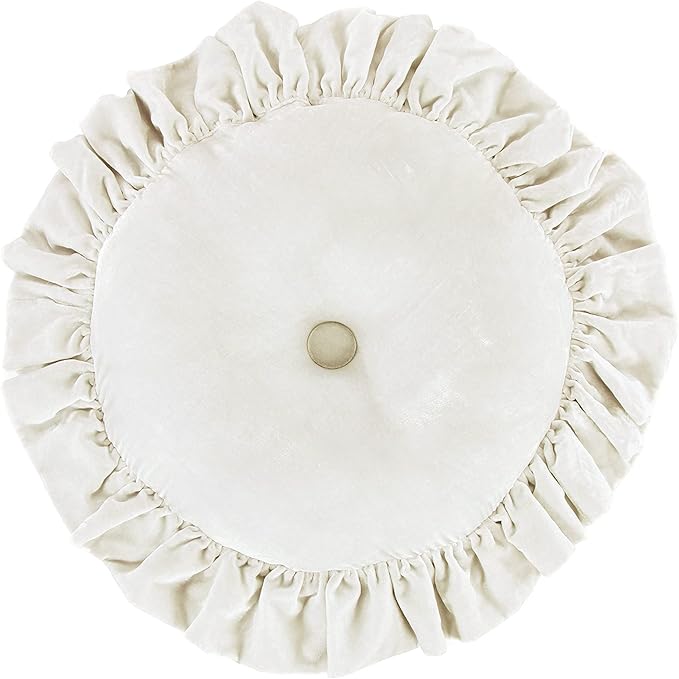 HiEnd Accents Stella Faux Silk Velvet Round Ruffled Pillow, Stone, Romantic Western Modern Traditional Style Luxury Bedding, Decorative Throw Pillow