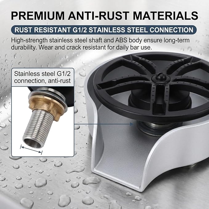 Automatic Glass Rinser for Kitchen Sink, Stainless Steel Cup Washer with G1/2 Thread, Professional Corrosion-Resistant Pressure Glass Washer, ABS Plastic Base