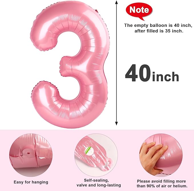 Numbers 3 Balloons Pearl Pink Party Decorations for Girl Boys, 40 In Big Three Balloons for Engagement, Wedding, Celebration Party, Graduations, Photo Shoot