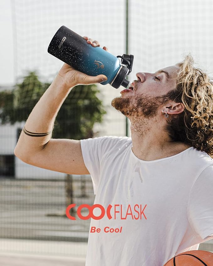 Coolflask Water Bottle 32 oz Insulated with Straw, Stainless Steel Metal 3 Lids Water Flask Wide Mouth for Sports or Office, Non-BPA Keep Cold Up to 48 Hrs or Hot Up to 24 Hrs, Turquoise