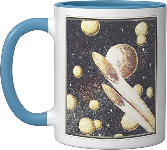 Retro Sci-Fi UFOs Flying Saucers Through Space Ceramic Mug, Blue/White