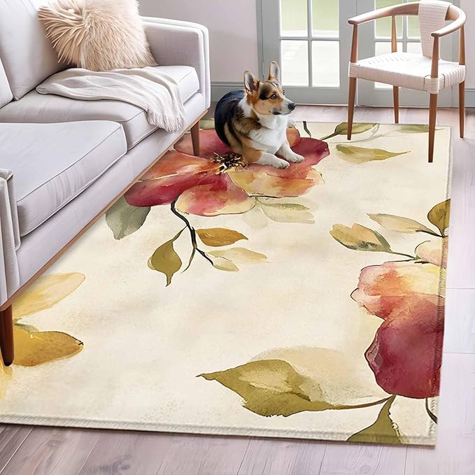 Area Rug 4x6ft, Oil Painting Style Flowers Washable Rugs for Living Room Bedroom, Vintage Country Floral Soft Non-Slip Area Rugs Rectangle Floor Carpet for Dining Room