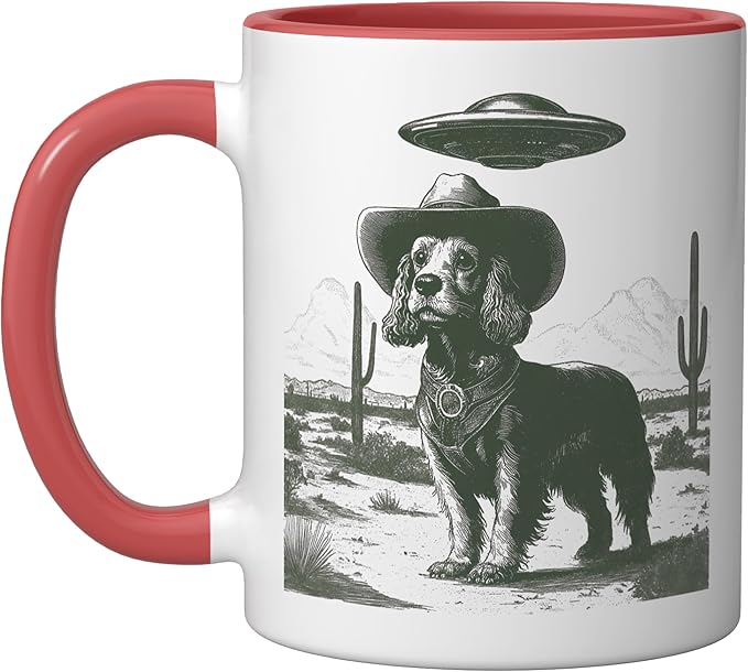 Funny Cowboy Dog UFO Alien Desert Cactus Western Canine Ceramic Mug, Red/White