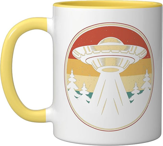 Ufo Alien Vintage Retro Ceramic Mug, Yellow/White