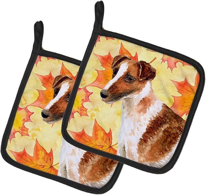 Caroline's Treasures BB9908PTHD Smooth Fox Terrier Fall Pair of Pot Holders, Yellow Kitchen Heat Resistant Pot Holders Sets Oven Hot Pads for Cooking Baking BBQ, 7 1/2 x 7 1/2