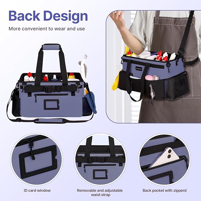 JKAOO Large Wearable Cleaning Caddy Bags,Cleaning Supplies Storage Bag with Handles and Adjustable Shoulder Strap and Removable Waist Straps,Waterproof Cleaning Bags for Home,Car,Office (Denim Blue)