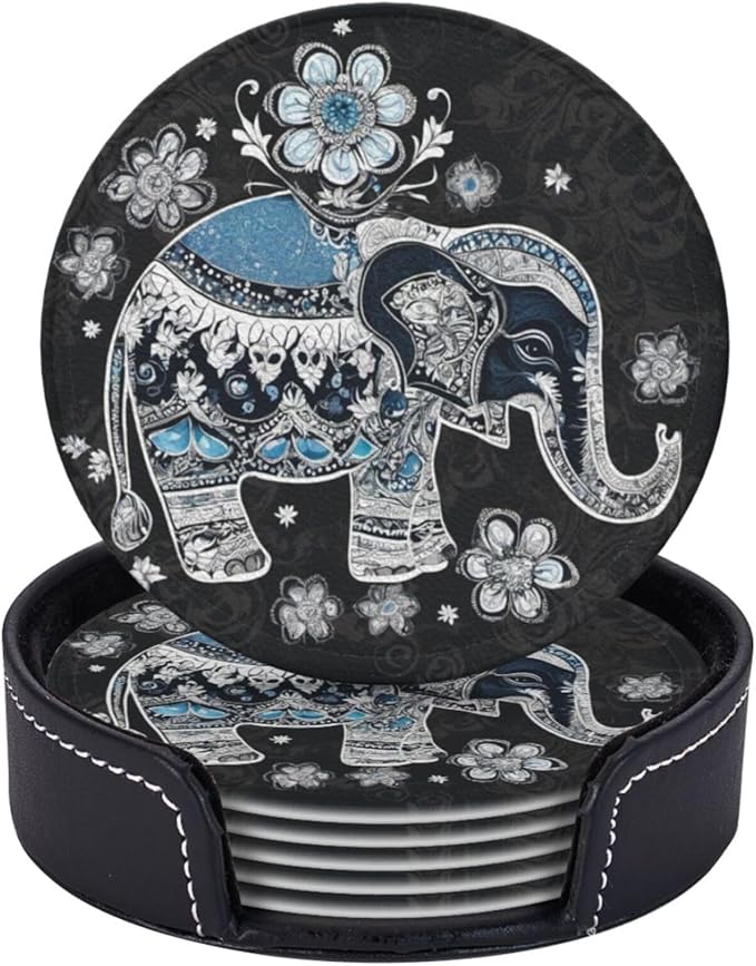 Famame 6 Pcs Ethnic Floral Elephant Leather Coasters for Drinks with Holder Coaster Sets Drink Table Cup Coasters for Living Room Kitchen Coffee Decor