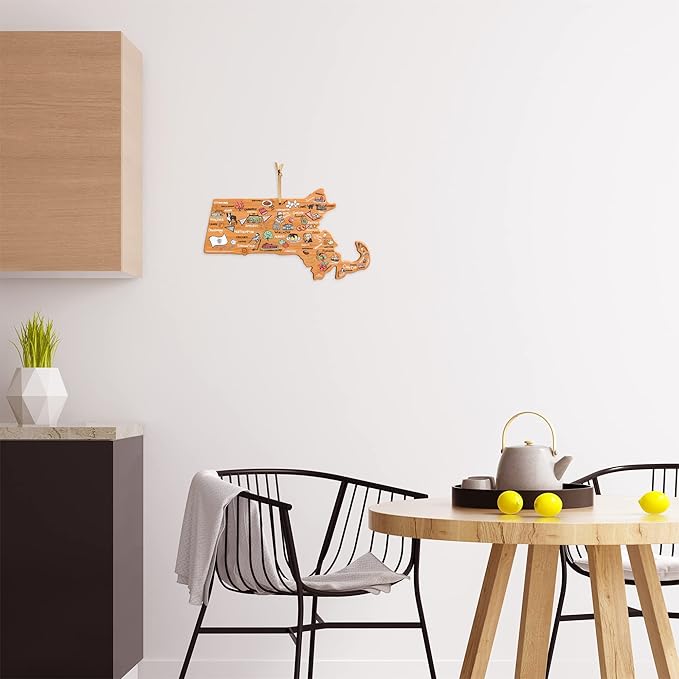 Totally Bamboo Massachusetts State Shaped Cutting Board and Charcuterie Serving Platter with Artwork by Fish Kiss, Includes Hang Tie for Wall Display