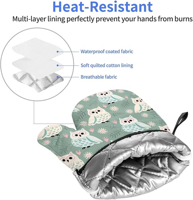 Owl Oven Mitts of 2 Pack, Funny Kitchen Gloves Heat Resistant Non-Slip Kitchen Mitts for Cooking Baking Grilling