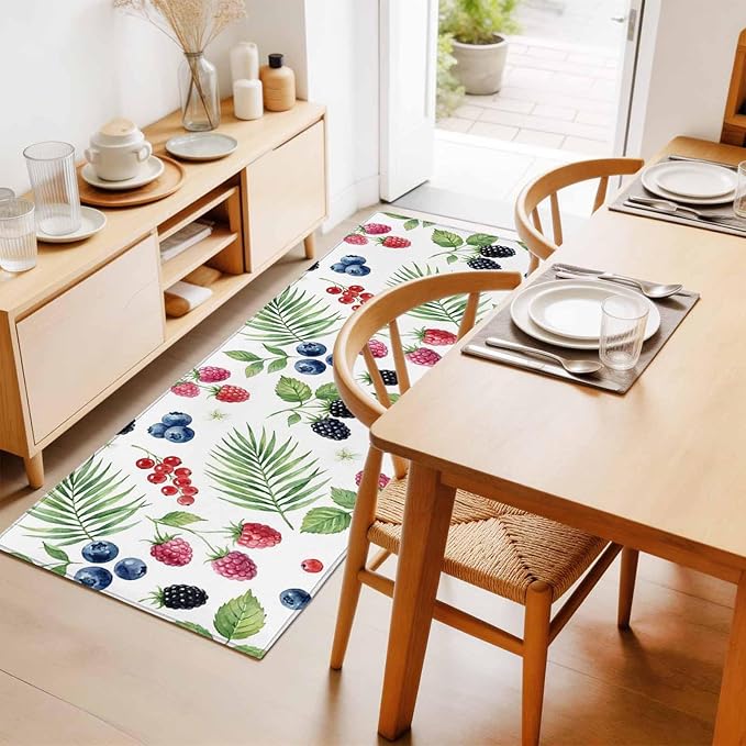 Runner Rug for Bedroom Hallway, Farm Fruit Berry Cherry Blueberry Kitchen Runner Rugs Area Rug 2x6ft, Watercolor Mulberry Leaves Washable Soft Floor Carpet for Entryway Stair