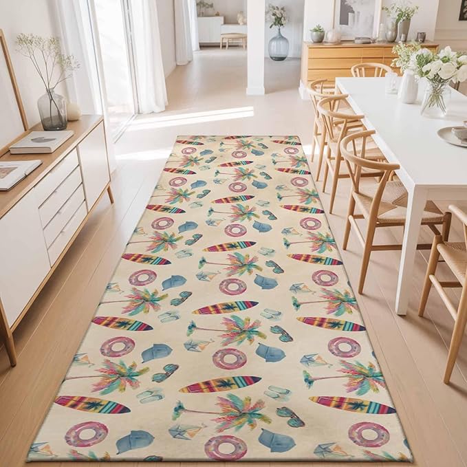 Runner Rug for Bedroom Hallway, Summer Surfboard Coconut Tree Kitchen Runner Rugs Area Rug 2x6ft, Coastal Vintage Plants Washable Soft Floor Carpet for Entryway Stair