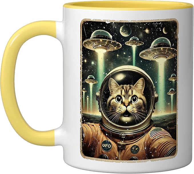 Space Cat Astronaut Funny UFO Sci-fi Alien Selfie Ceramic Mug, Yellow/White