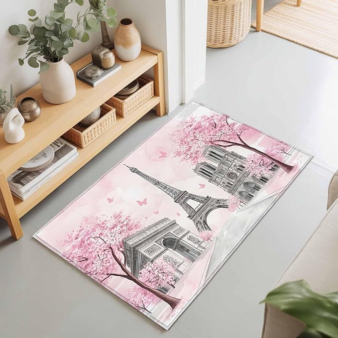 Area Rug 2x3ft, Modern Pink Flower Paris Landmarks Washable Rugs for Living Room Bedroom, Towel Architecture Soft Non-Slip Area Rugs Rectangle Floor Carpet for Dining Room