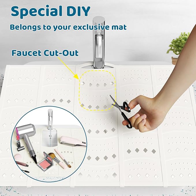 Bathroom Sink Cover for Counter Space, Foldable Silicone Sink Mat Makeup Organizer Mat Space Saver, Women’s Gifts for Valentine RV Camper Travel Must Haves Accessories, Pearl