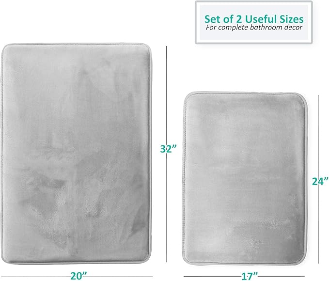 Clara Clark 2 Piece Bathroom Rugs Bath Mat Set, Velvet Memory Foam Bath Mats for Bathroom - Non-Slip, PVC Backing Bath Rugs, Washable - Dries Quickly, Silver