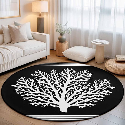 Washable Round Area Rug Coastal Coral Reef Texture Circle Rugs Floor Carpet for Living Room Bedroom, Ocean Theme Black White Soft Non Slip Round Rug 3ft