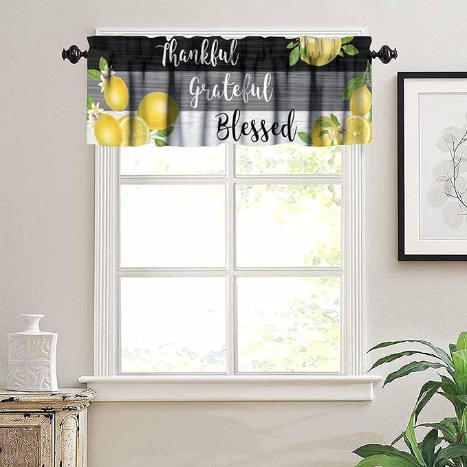 Lemon Fruit Kitchen Curtain Valance, Yellow Fruits Blessed Black Grey Wooden Farmhouse Rod Pocket Short Window Treatment for Dining Bedroom Living Room Cafe Home Decor, 54x18Inch
