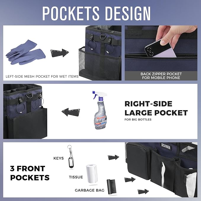 SCAVATA Wearable Cleaning Caddy Bag, Cleaning Caddy Supplies Organizer with Handle & Shoulder Straps for Housekeepers, Under Sink & Car Cleaning Tool Organizers with 4 Foldable Divider Navy (DarkBlue)