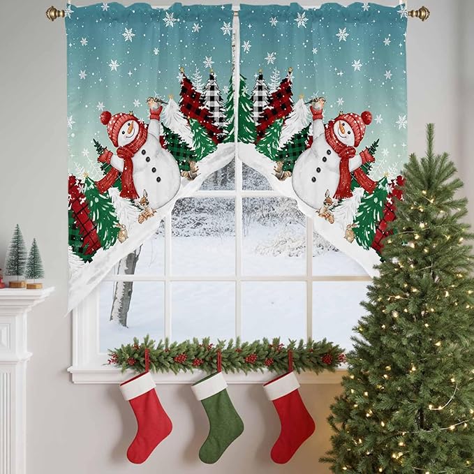 Christmas Snowman Swag Valance Curains Winter Xmas Tree Snowflakes Gradient Green Rod Pocket Kitchen Curtains Scalloped Window Treatment Valances Swag for Living Room Bedroom, 1 Pair, 36"W x 45"L