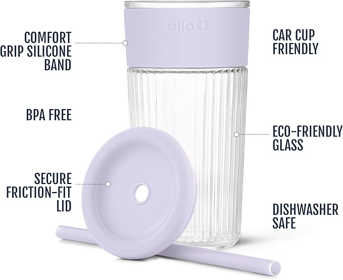 Ello Ava 18oz Glass Tumbler with Straw and Lid | Premium Ribbed Glass with Silicone Grip, Car Cup Friendly, Dishwasher Safe, BPA Free | Iced Coffee, Water, Matcha, Juice Cup | Sugarplum