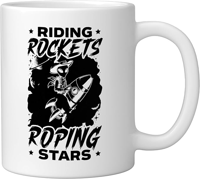 Alien Lover Flying Saucer UFO Extraterrestrial Cowboy Ceramic Mug, White