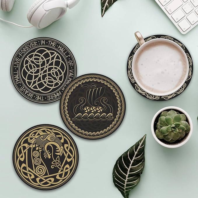 Black Viking Magical Runic Runes Leather Drinks Coasters with Holder, Set of 6, Suitable for Various Cups