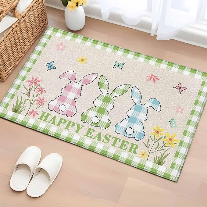 Area Rug 2x3ft, Happy Easter Bunny Shadow Flowers Washable Rugs for Living Room Bedroom, Retro Linen Cotton and Grid Soft Non-Slip Area Rugs Rectangle Floor Carpet for Dining Room