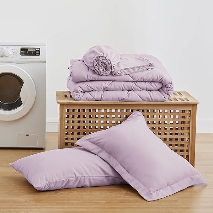 Love's cabin Twin Comforter Set Light Purple, 5 Pieces Twin Bed in a Bag, All Season Bedding Sets with 1 Comforter, 1 Flat Sheet, 1 Fitted Sheet, 1 Pillowcase and 1 Pillow Sham | Soft, Breathable, Lightweight, Comfortable