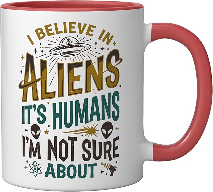 Alien Believer UFO Extraterrestrial Space Lover Ceramic Mug, Red/White