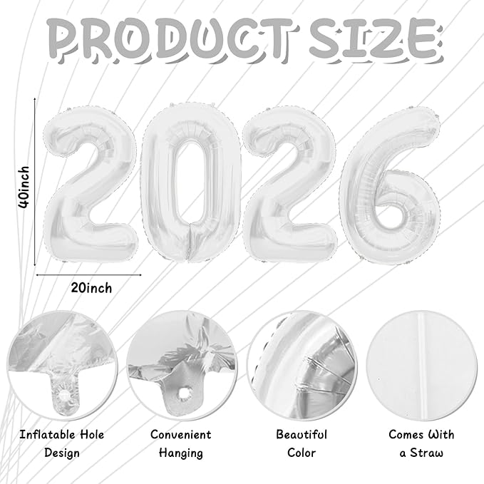 2026 White Foil Numbers Balloons(40 Inch) Happy New Years Eve Party Supplies 2026 New Year Graduation Balloons Decorations 20 26 Signs Props Birthday Anniversary Wedding Festival Ornament Decor