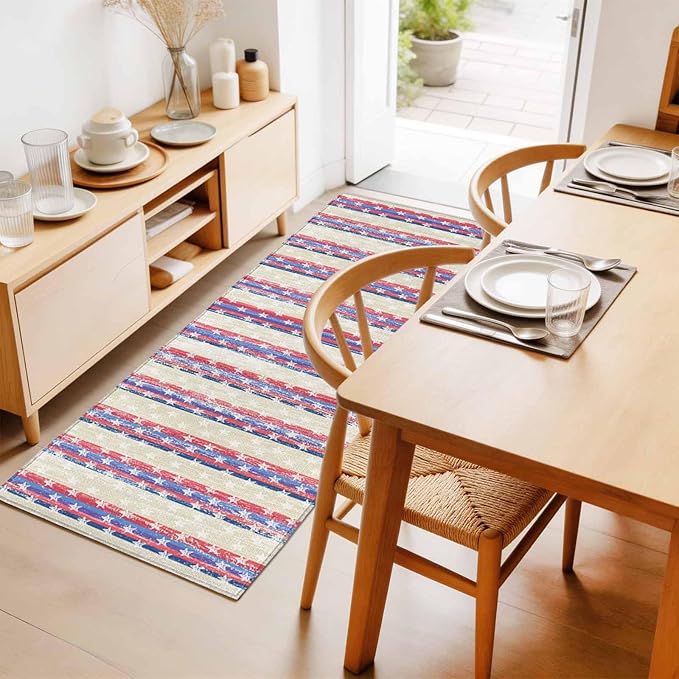 Runner Rug for Bedroom Hallway, American Star Stripe Kitchen Runner Rugs Area Rug 2x6ft, Retro Independence Day Theme Washable Soft Floor Carpet for Entryway Stair