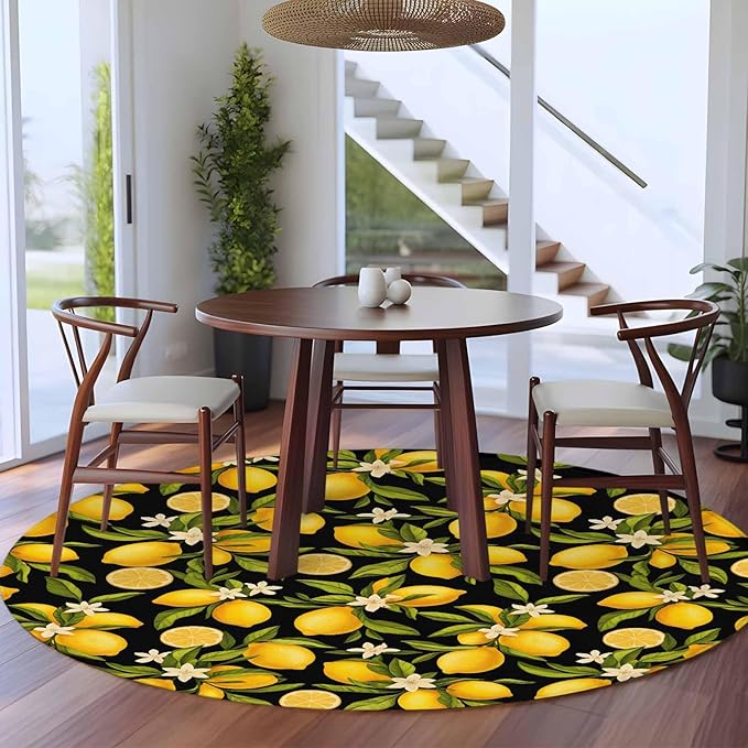 Washable Round Area Rug Summer Lemon Flower Circle Rugs Floor Carpet for Living Room Bedroom, Plant on Black Soft Non Slip Round Rug 5ft