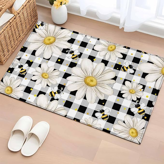 Area Rug 2x3ft, Farmhouse Blossom Flower Bee Washable Rugs for Living Room Bedroom, Spring Daisy Black White Plaid Soft Non-Slip Area Rugs Rectangle Floor Carpet for Dining Room