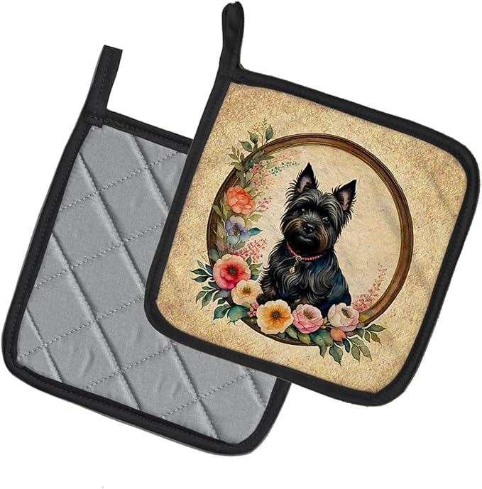 Caroline's Treasures Cairn Terrier and Flowers Pair of Pot Holders Kitchen Heat Resistant Pot Holders Sets Oven Hot Pads for Cooking Baking BBQ, 7 1/2 x 7 1/2